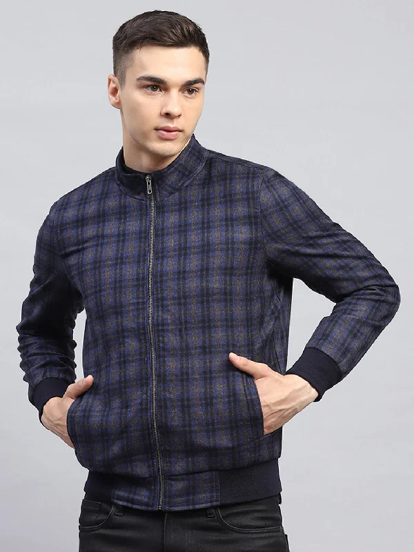 Men's Coats with Synthetic InsulationMen Blue Check Mock Neck Full Sleeve Coat