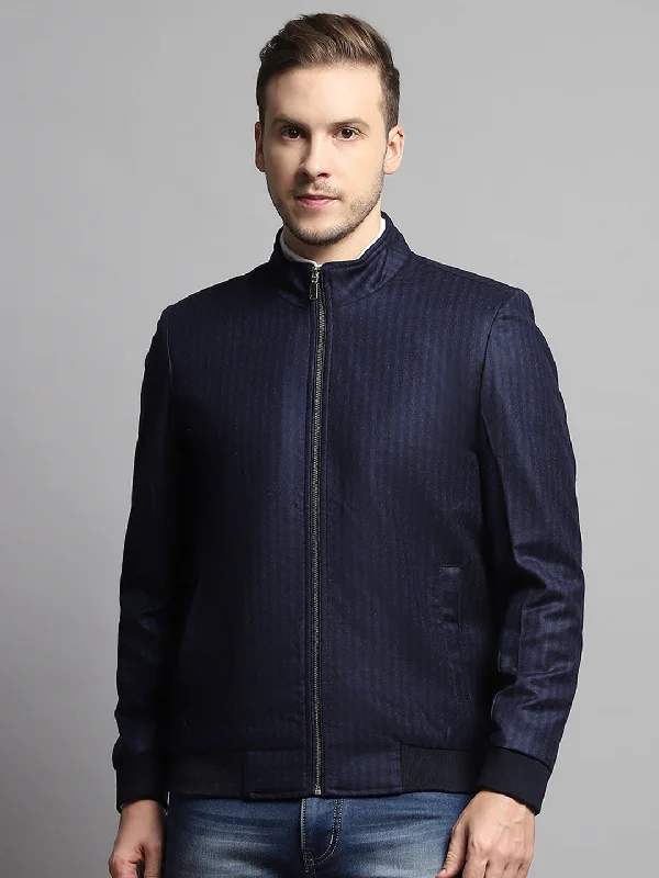 Men's Coats for LayeringMen Blue Stripe Mock Neck Full Sleeve Coat