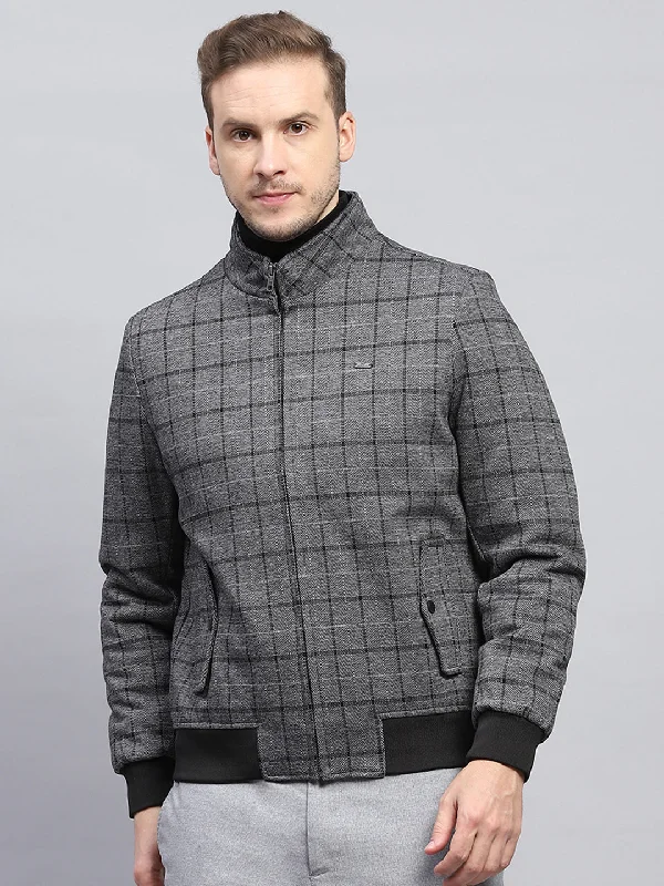 Men's Coats with Hand WarmersMen Grey Check Mock Neck Full Sleeve Coat