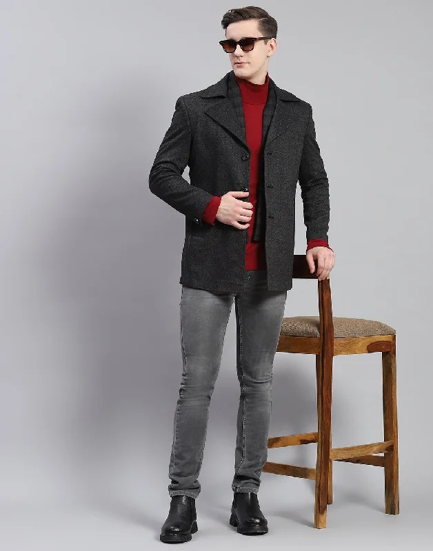 Men's Coats for Casual WearMen Grey Solid Lapel Collar Full Sleeve Coat