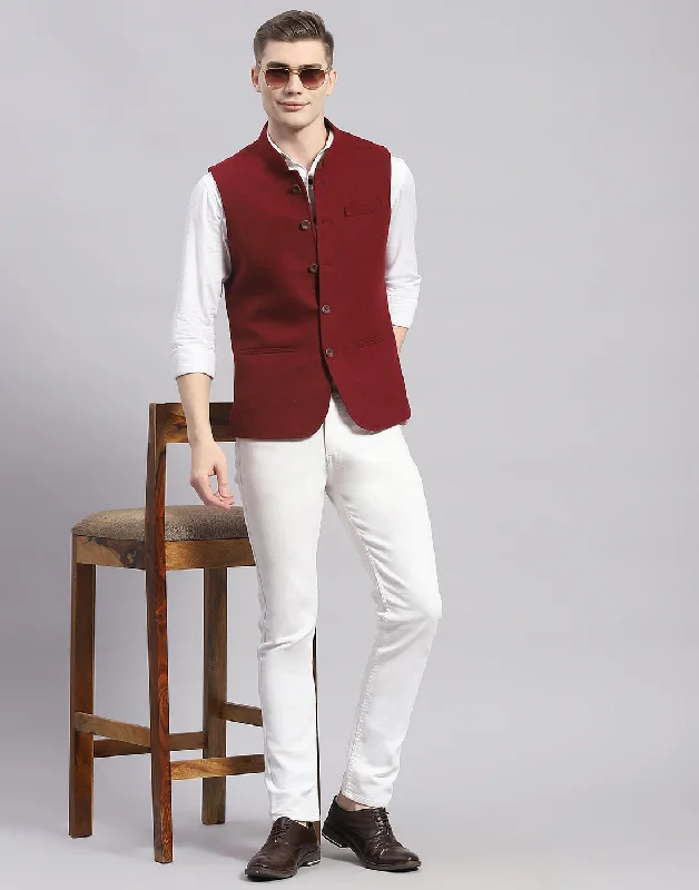 Men's Coats for Formal EventsMen Maroon Solid Mandarin Collar Sleeveless Nehru Jacket