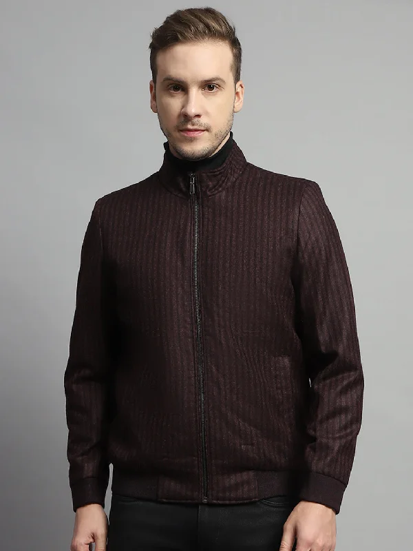 Men's Coats for Skinny MenMen Maroon Stripe Mock Neck Full Sleeve Coat