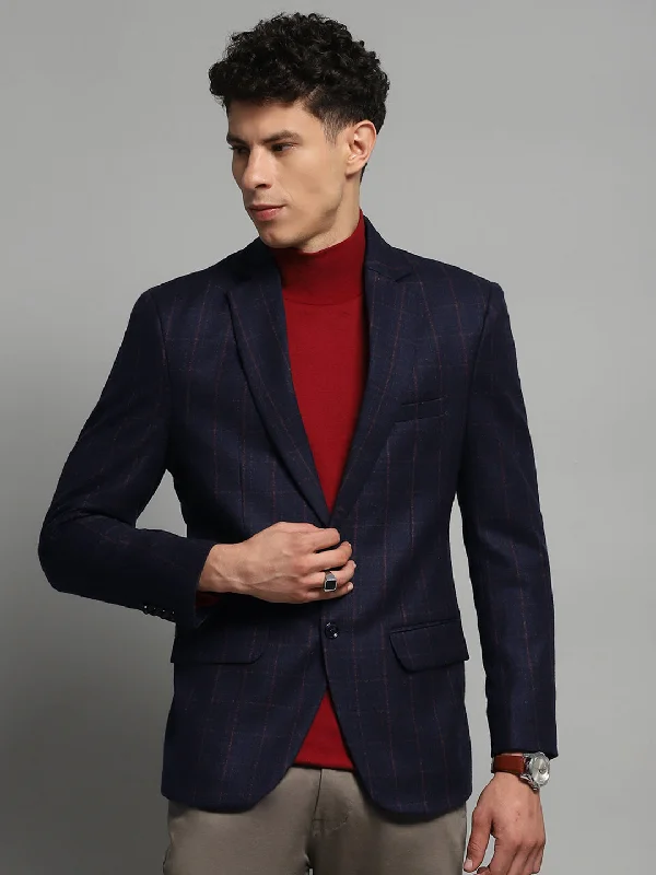 Men's Coats with Adjustable HemsMen Navy Blue Check Notch Lapel Collar Full Sleeve Blazer