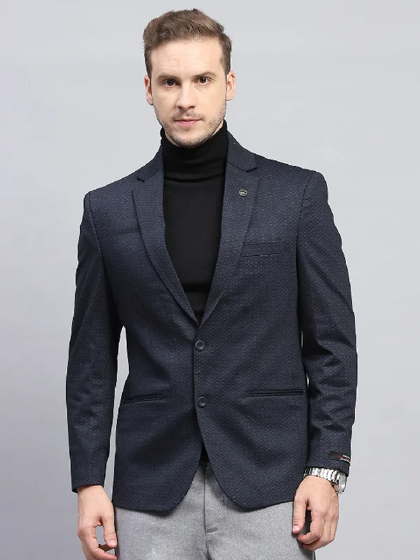 Men's Coats with Multi-Pocket DesignMen Navy Blue Self Design V Neck Full Sleeve Coat