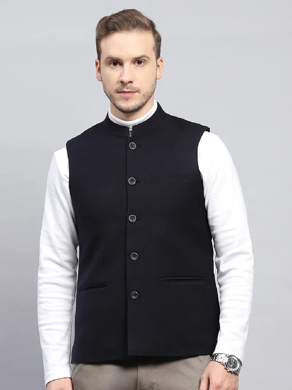 Men's Coats with Breathable FabricMen Navy Blue Solid Band Collar Sleeveless Coat