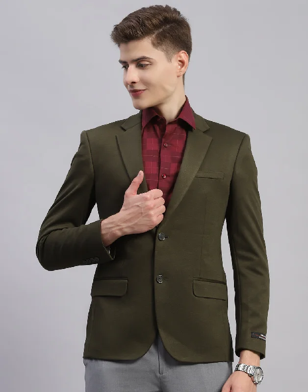 Men's Coats without LiningMen Olive Solid Notch Lapel Collar Full Sleeve Blazer