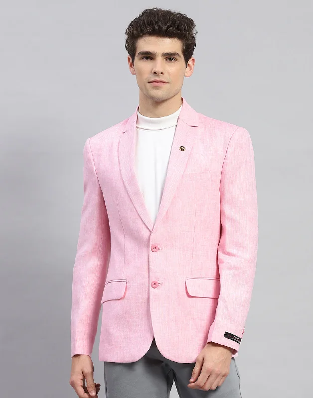 Men's Coats for Casual WearMen Pink Solid Notch Lapel Collar Full Sleeve Blazer