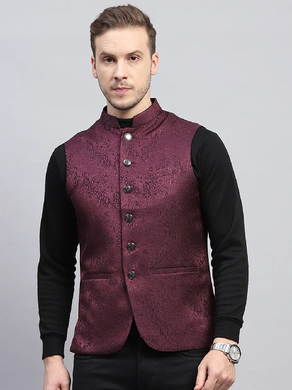 Men's Coats with ButtonsMen Purple Self Design Band Collar Sleeveless Coat