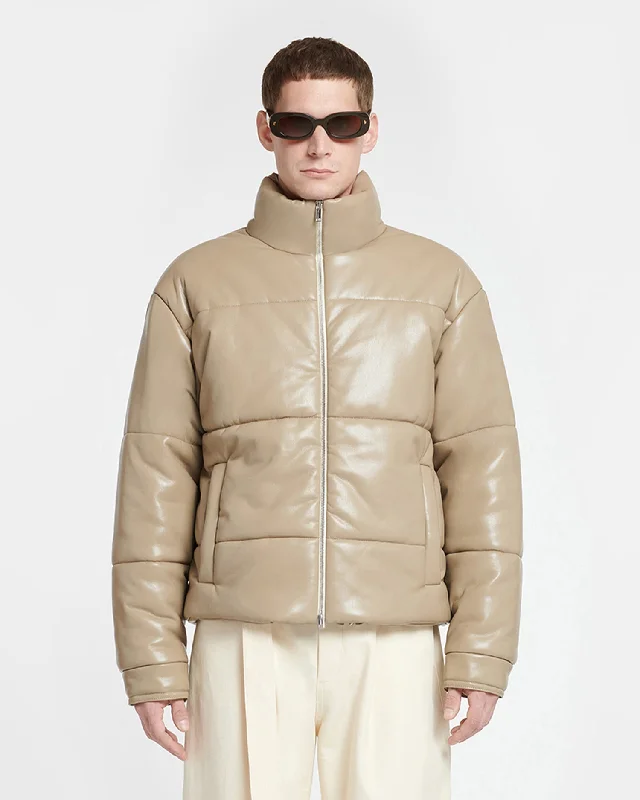 Men's Coats with Ripstop FabricMarron - Okobor™ Alt-Leather Puffer Jacket - Ashy Taupe