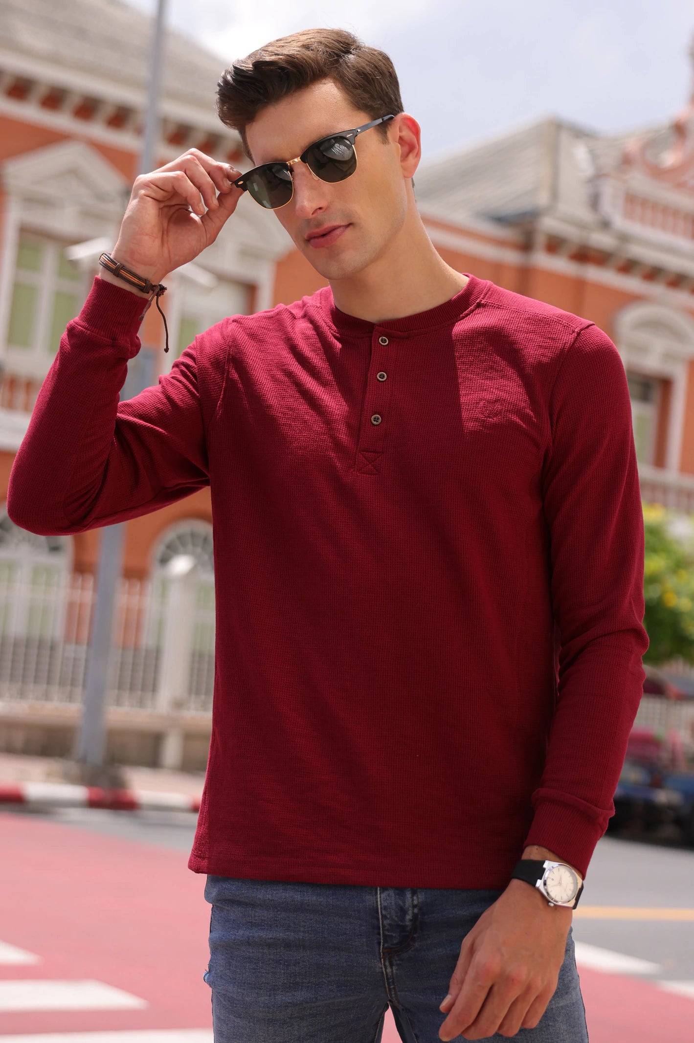 Long-Sleeve Moisture-Wicking Men's SportswearBurgundy Full Sleeves T-Shirt