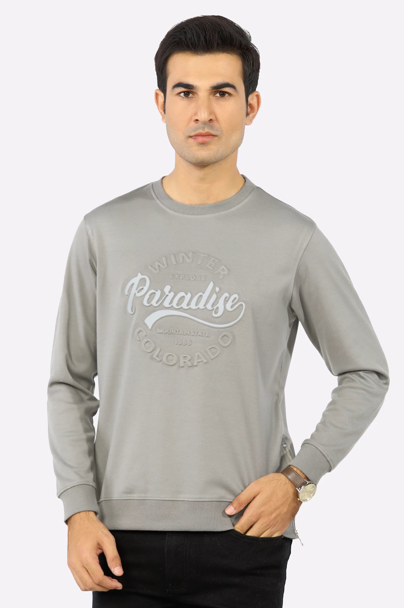 Athletic-Cut Men's SportswearGrey Embossed Print Sweatshirt